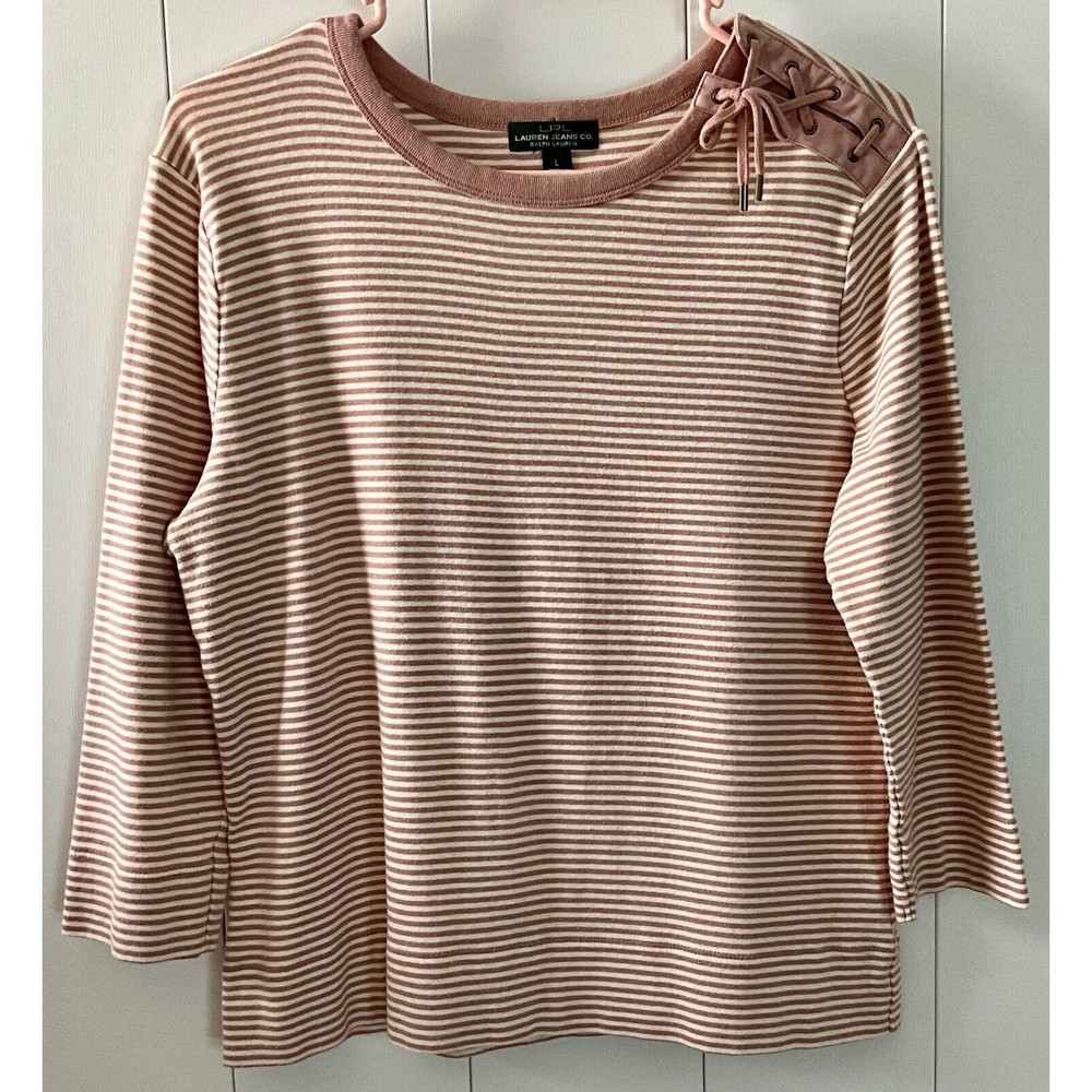 LRL Lauren Jeans Co. Ralph Lauren Pink Striped Tie Shoulder L/S Shirt Size Large